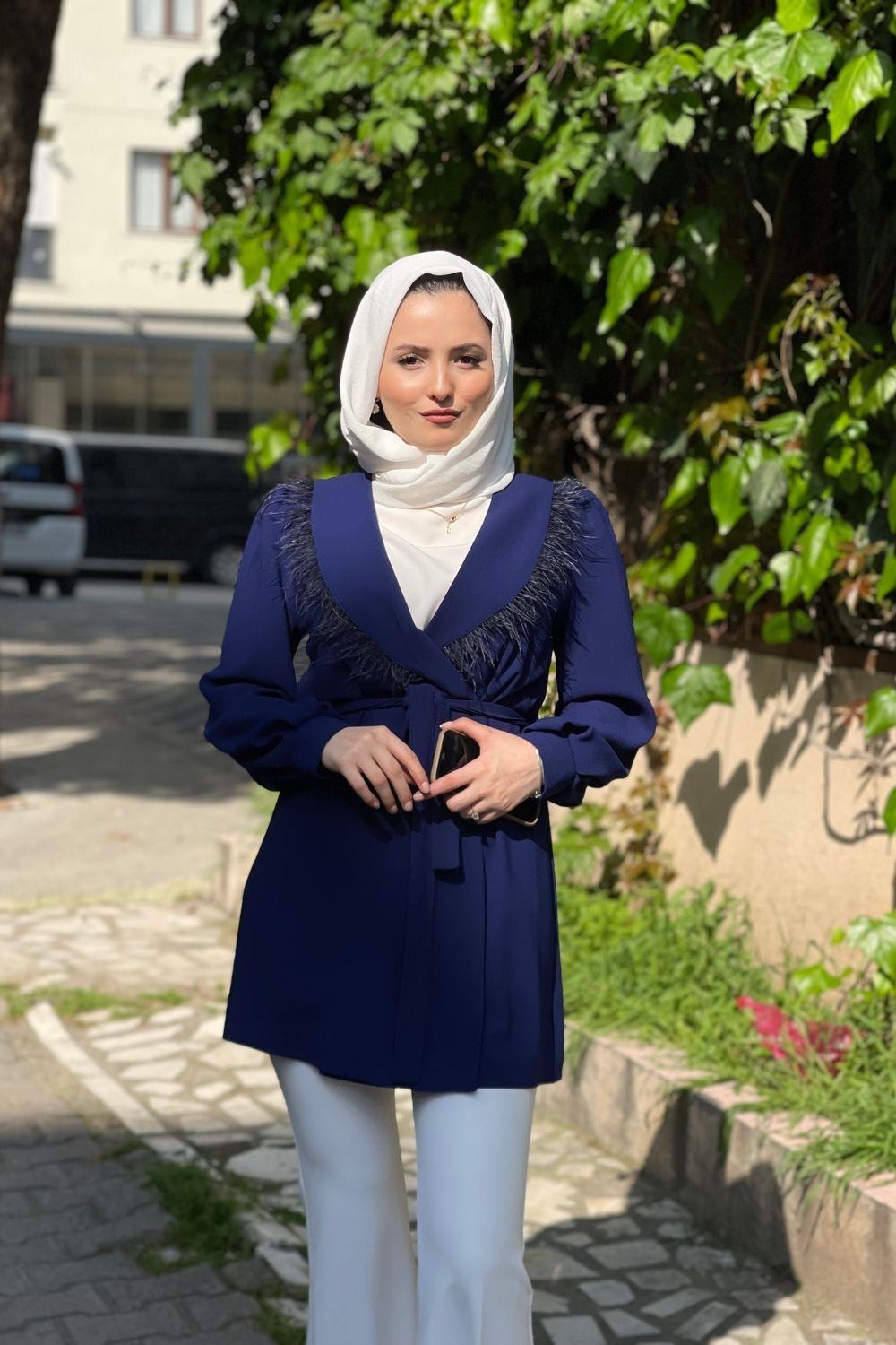Yakası Tüylü Ceket Saks 1040 
