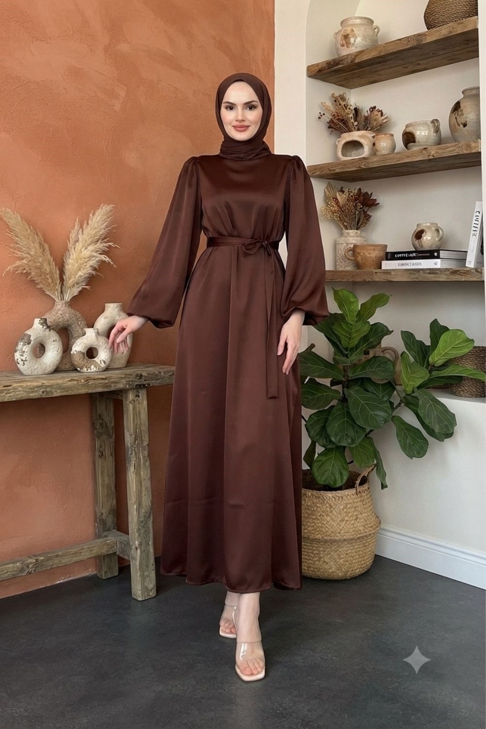 Tuğba  Saten Elbise Kahverengi 10650 