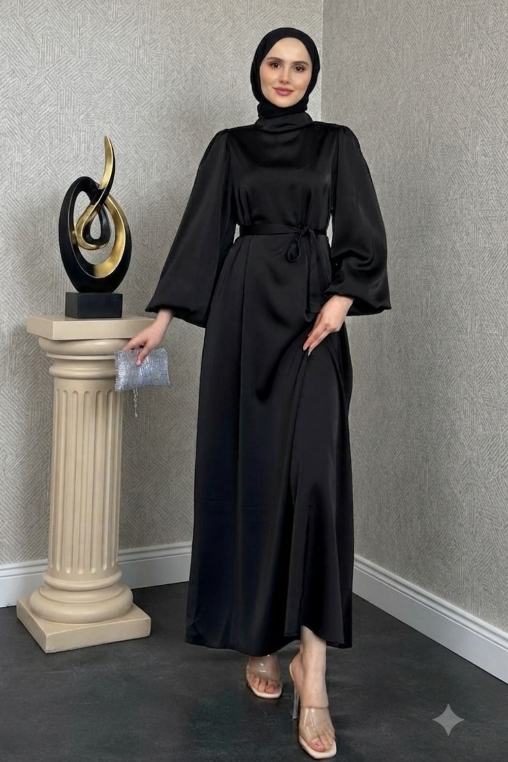 Tuğba  Saten Elbise Siyah 10650 