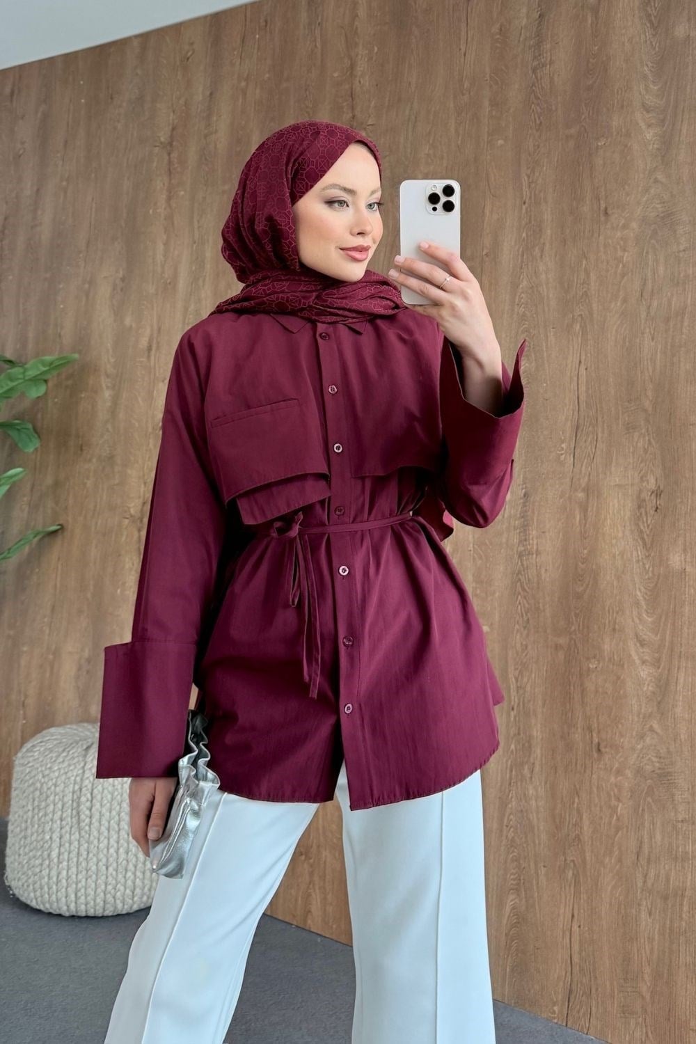 Geniş Manşet Gömlek Bordo 11440 