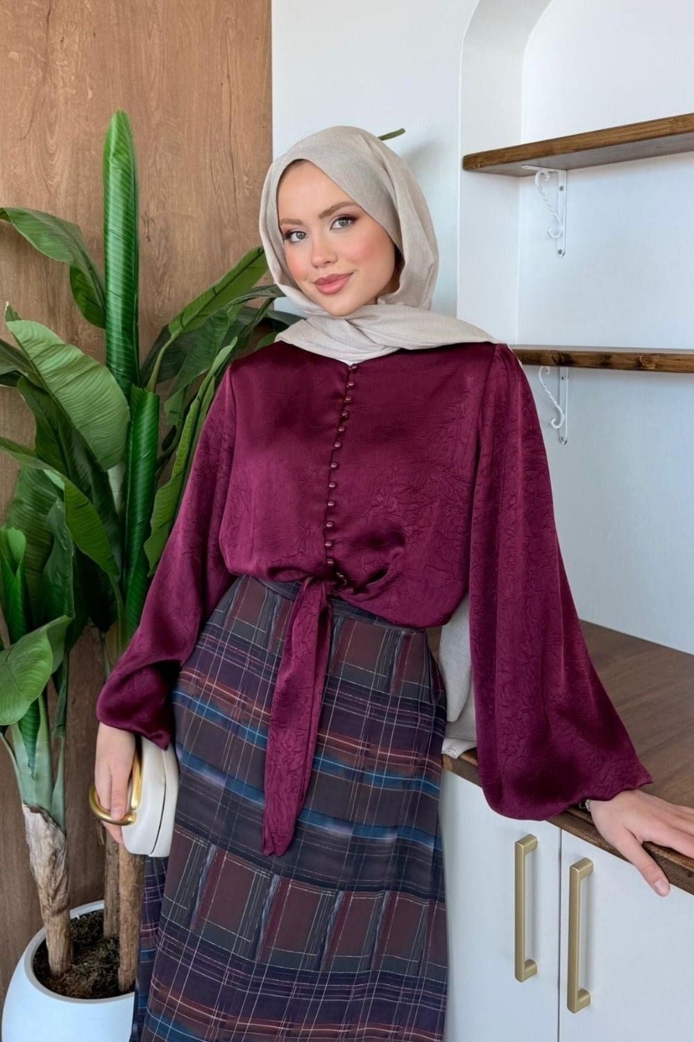 İncili Saten Gömlek Bordo 1185 