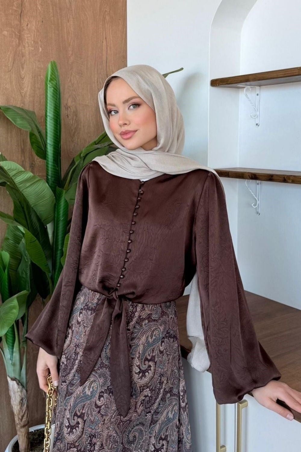 İncili Saten Gömlek Kahverengi 1185 