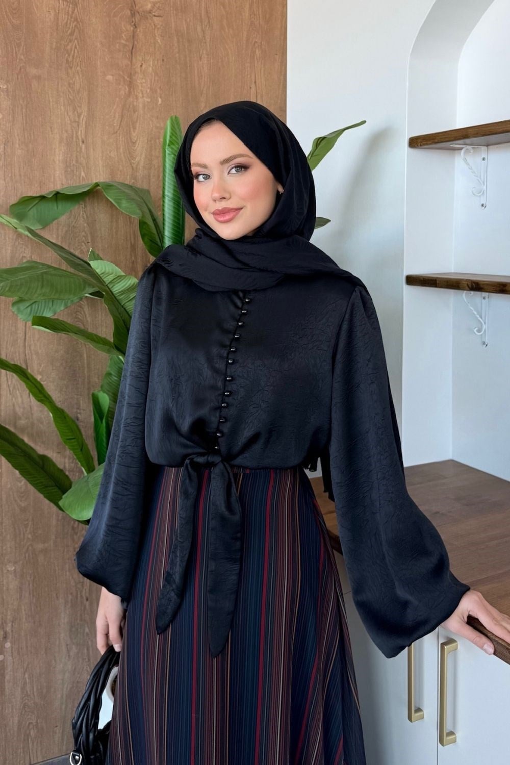 İncili Saten Gömlek Siyah 1185 