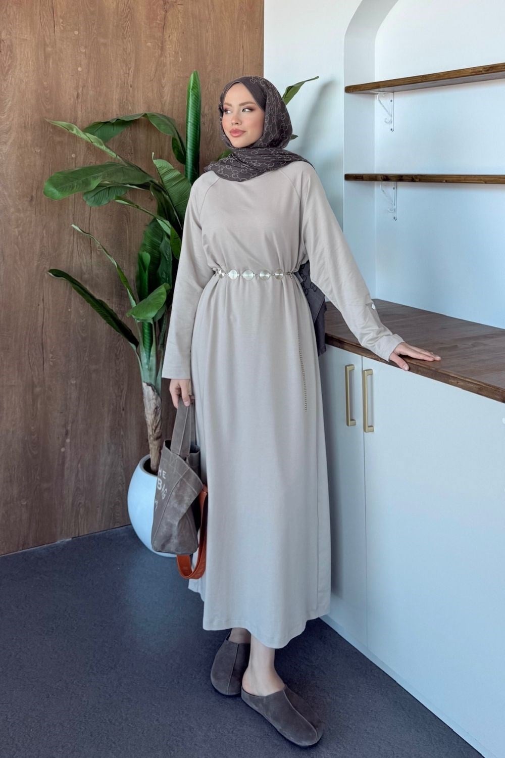 Minimal Kuşaklı  Elbise Bej 12671 