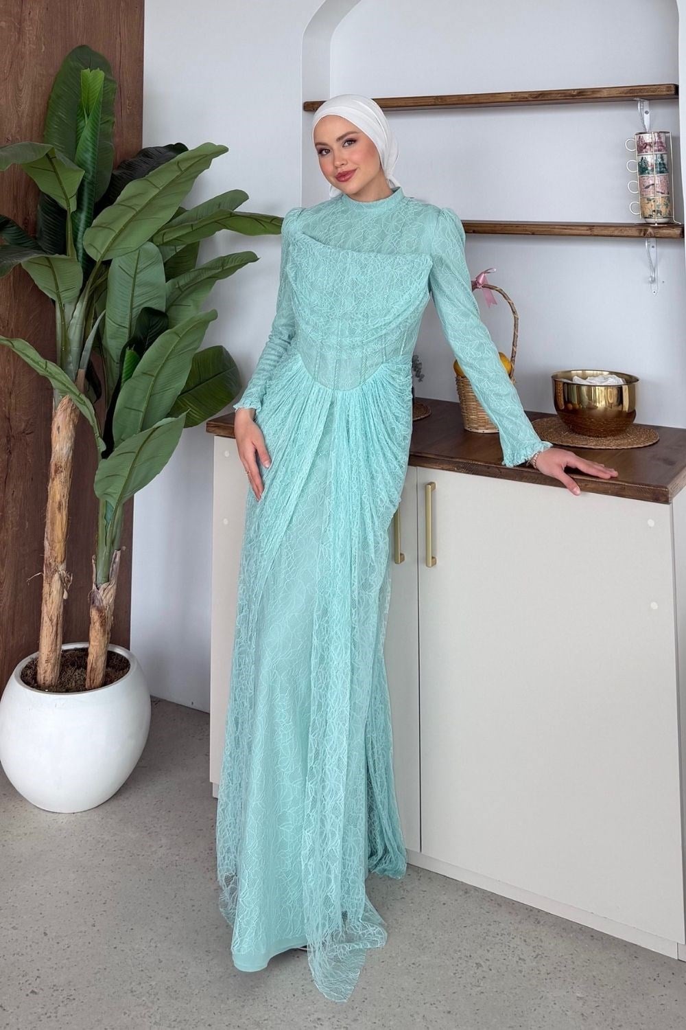Juliet Korse Detay Dantel Abiye Su Yeşili 144 