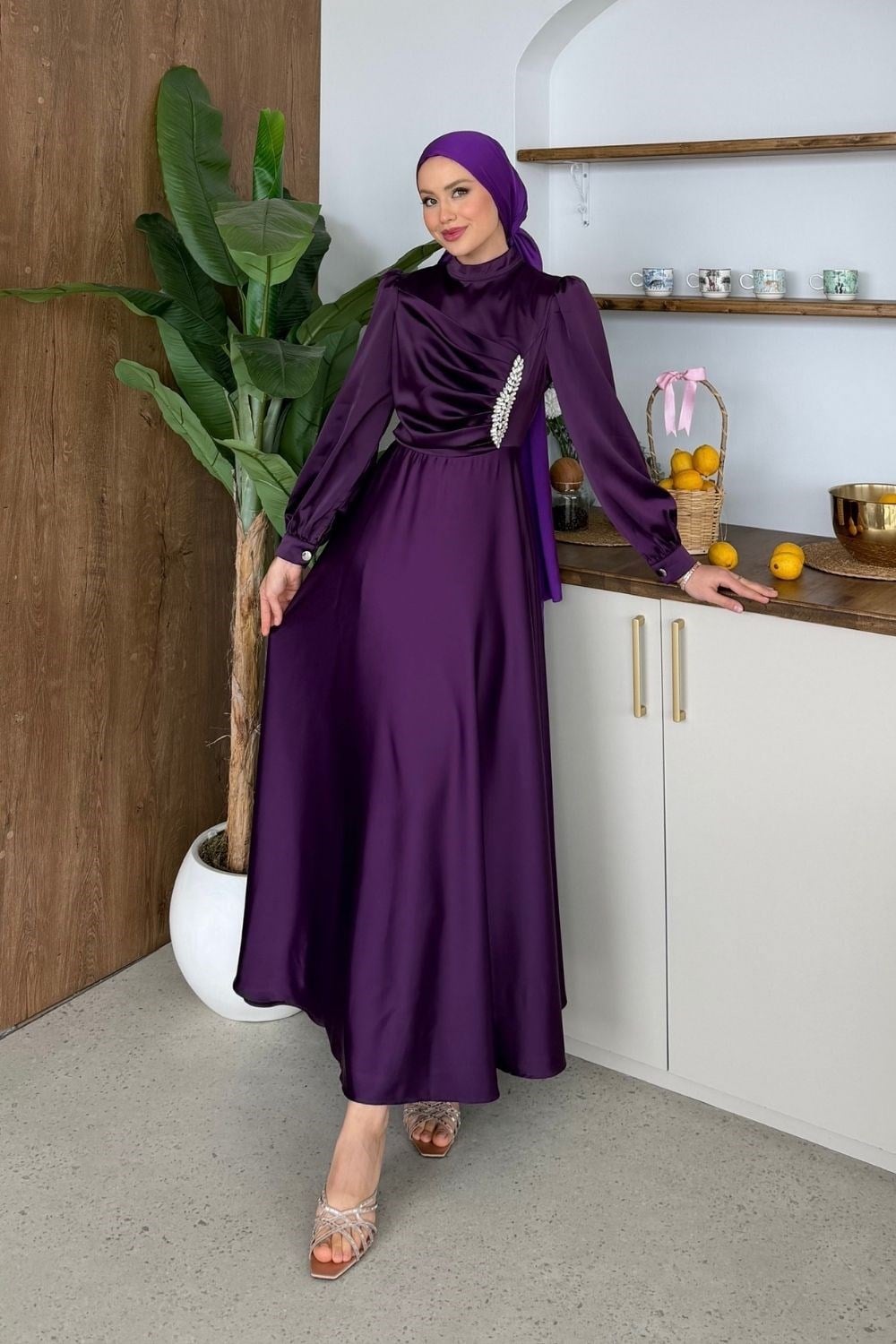Taşlı Saten Abiye Mor 157 