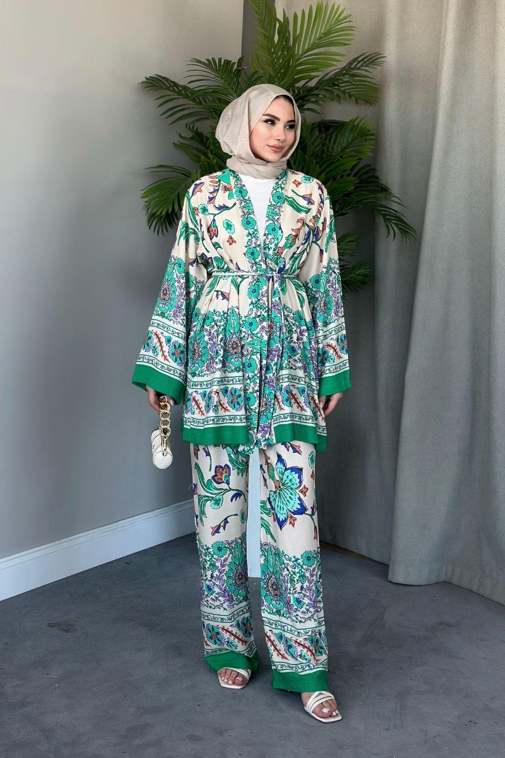 Sarmaşık Viskon Kimono Takım Yeşil 1878 