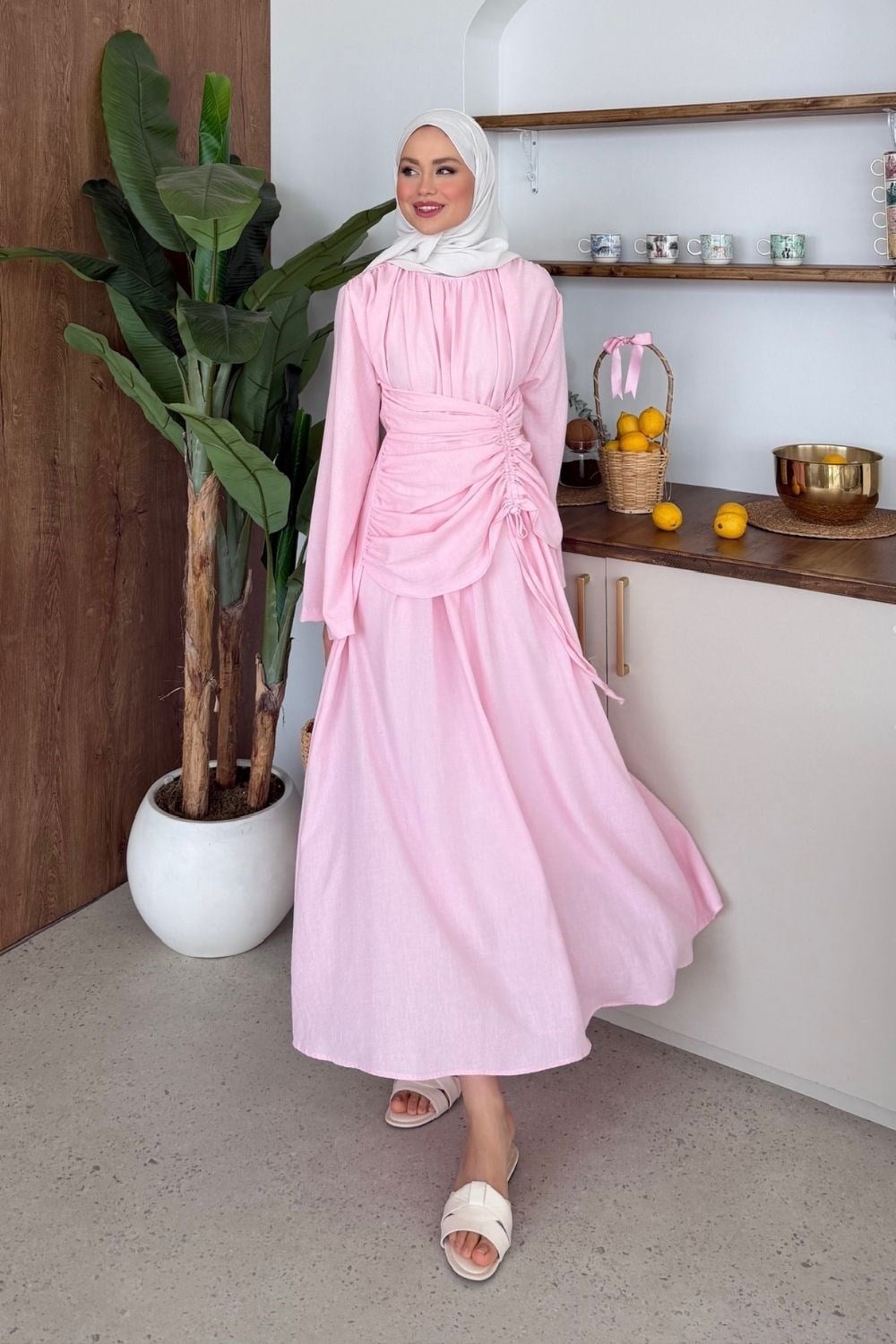 Troya Keten Elbise Pembe 20232 