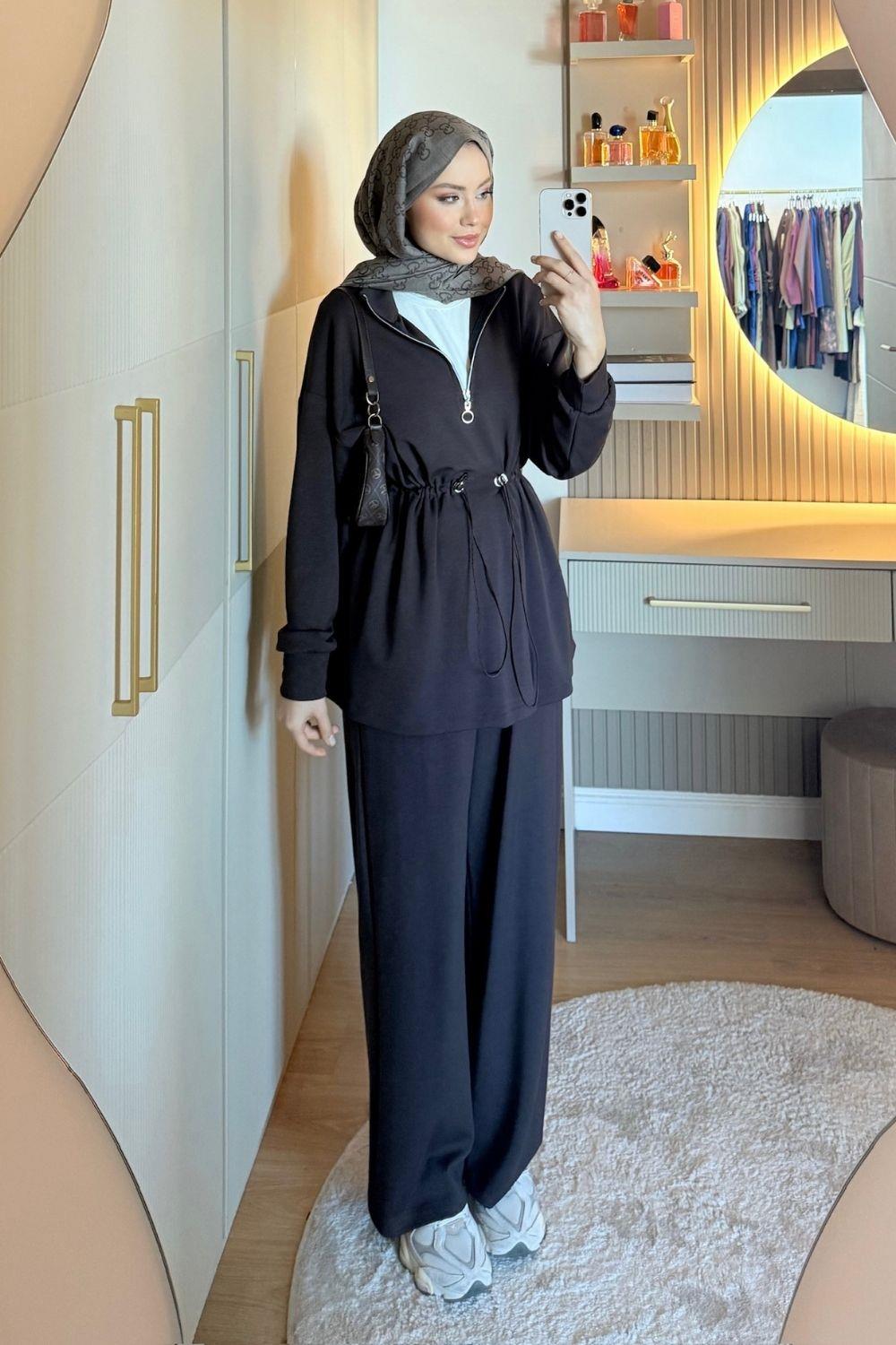 Ayla Yarı Fermuarlıi Takım Kahverengi 20233 