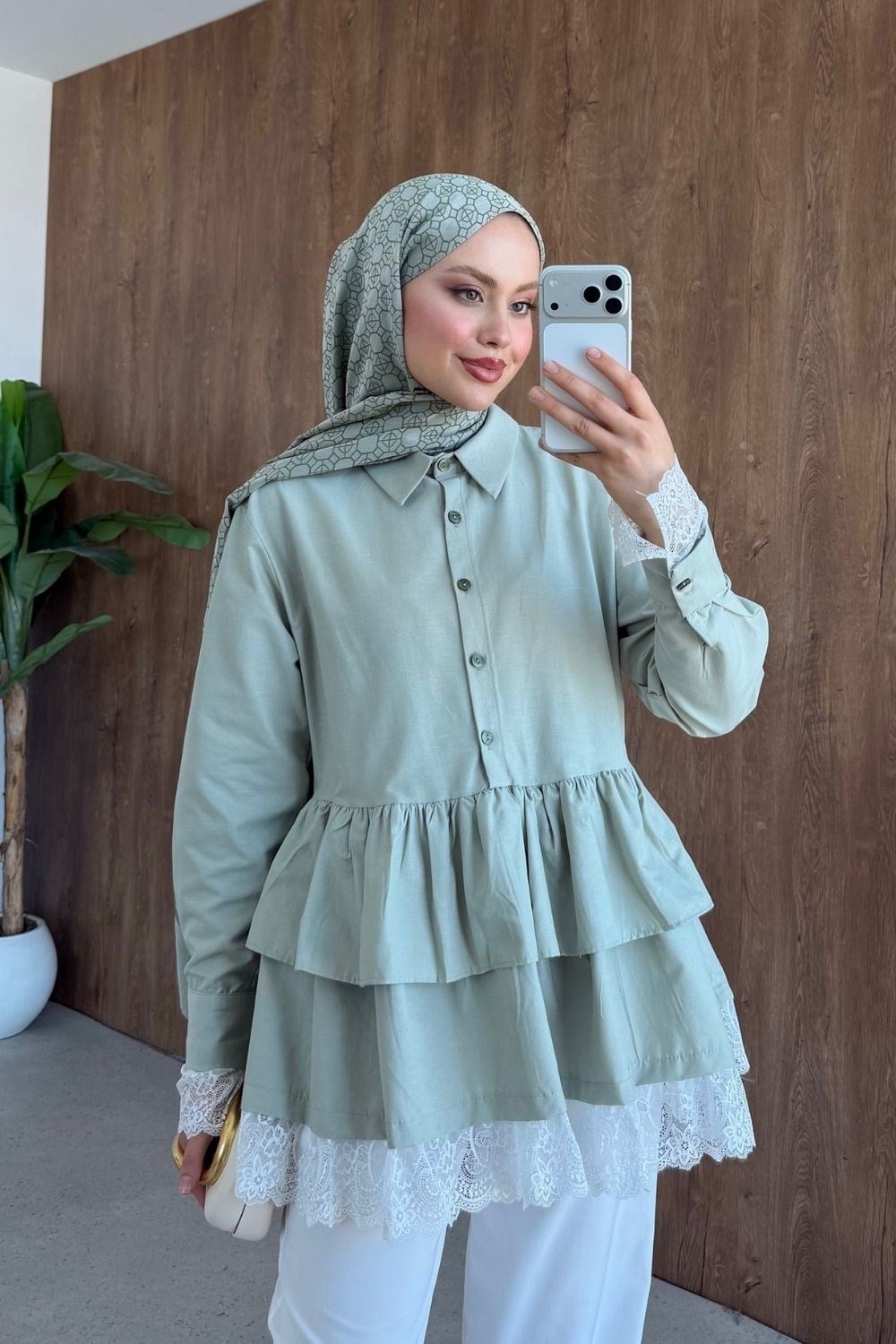 Leya Dantel Detay Gömlek Tunik Mint 20249 