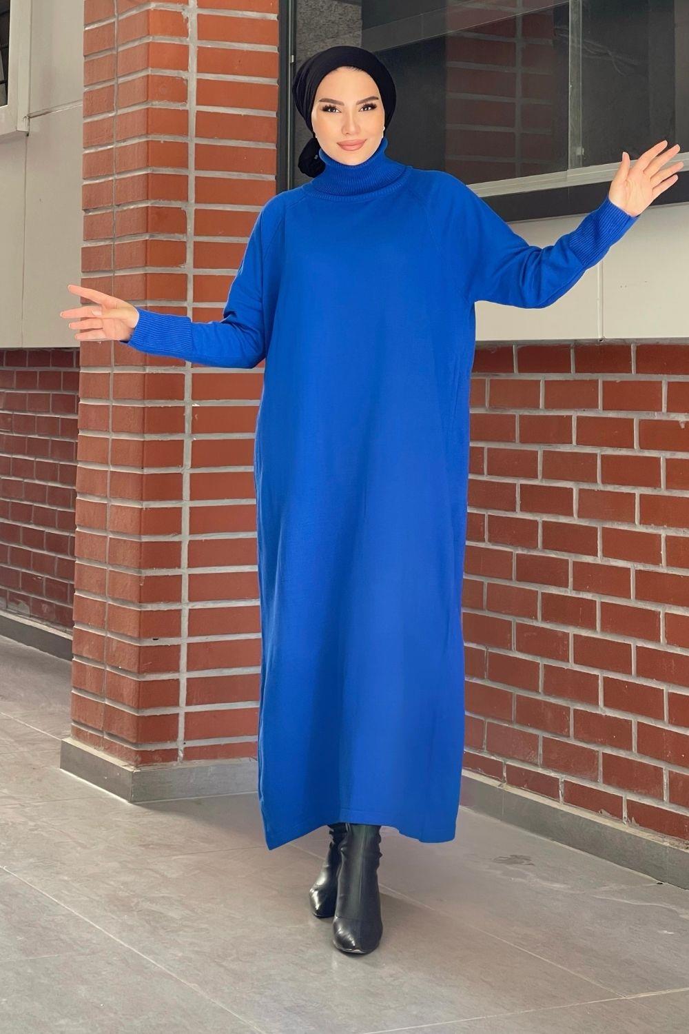 Boğazlı Uzun Elbise Saks 2057 