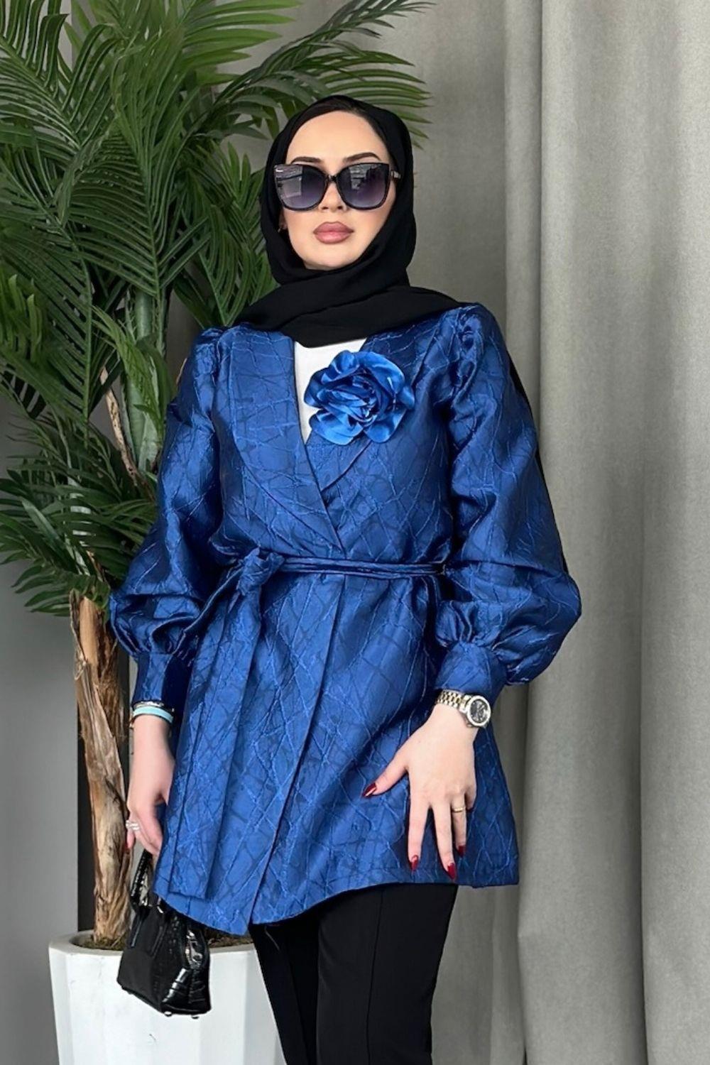 Yakası Güllü Ceket Saks 2085 