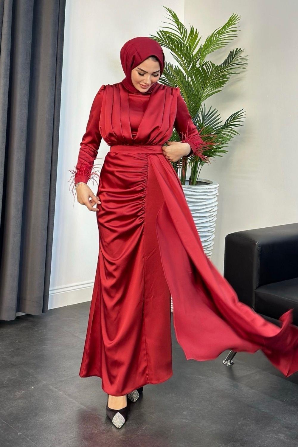 Kuyruk Detaylı Saten Abiye Bordo 2126 