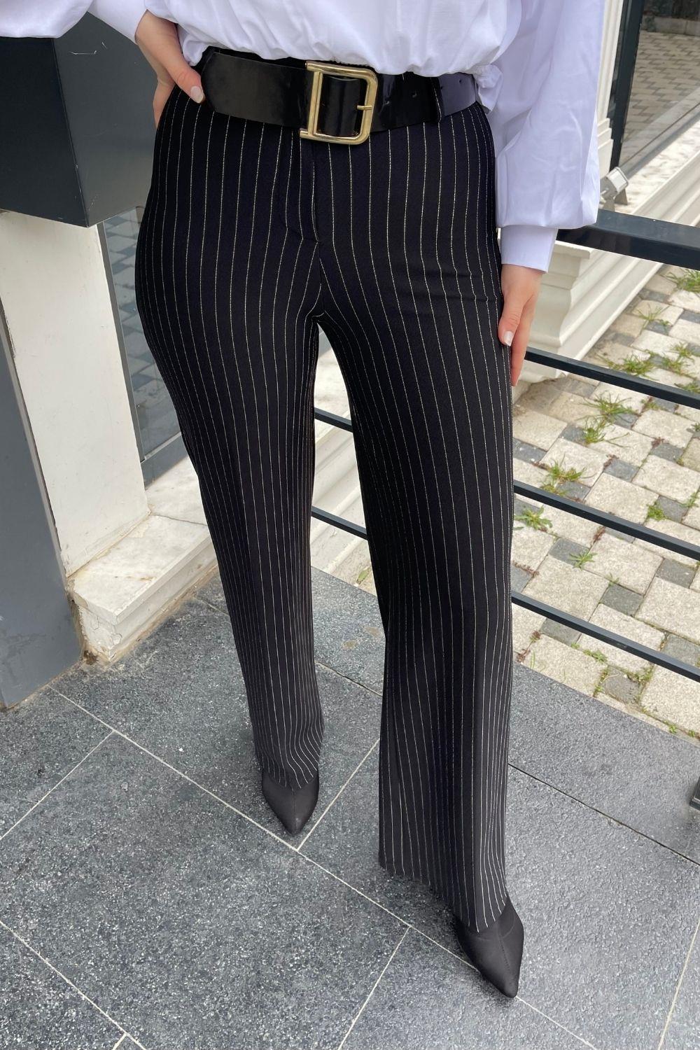 Çizgili Kemerli Pantolon Siyah 2170 