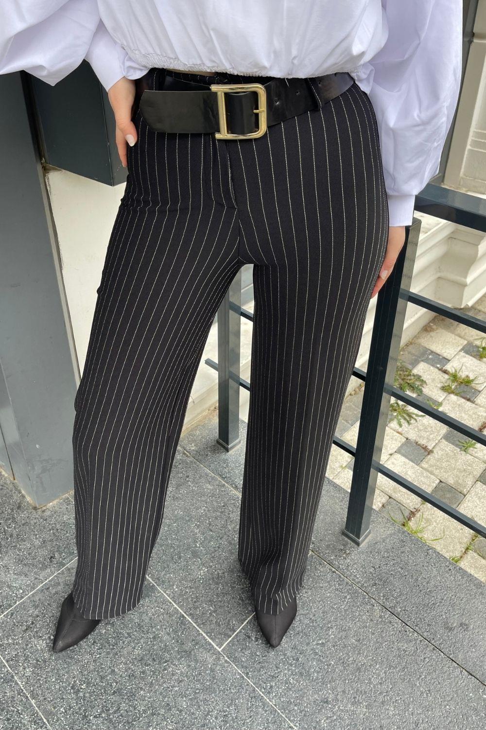 Çizgili Kemerli Pantolon Siyah 2170 