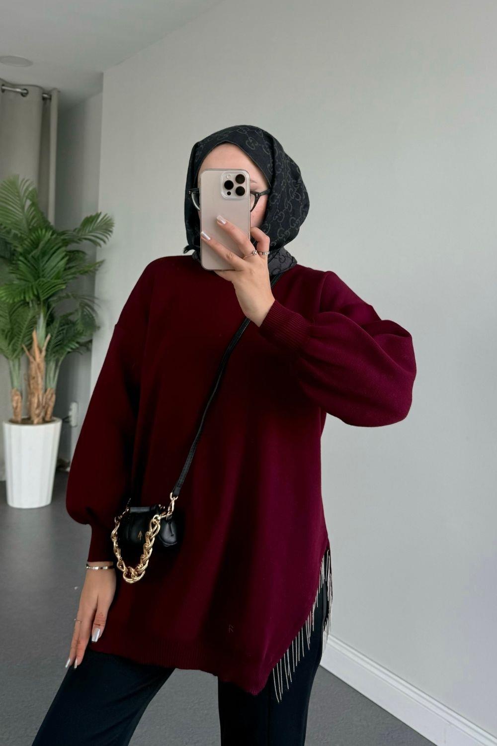 Yarı Zincirli Triko Kazak Bordo 22170 