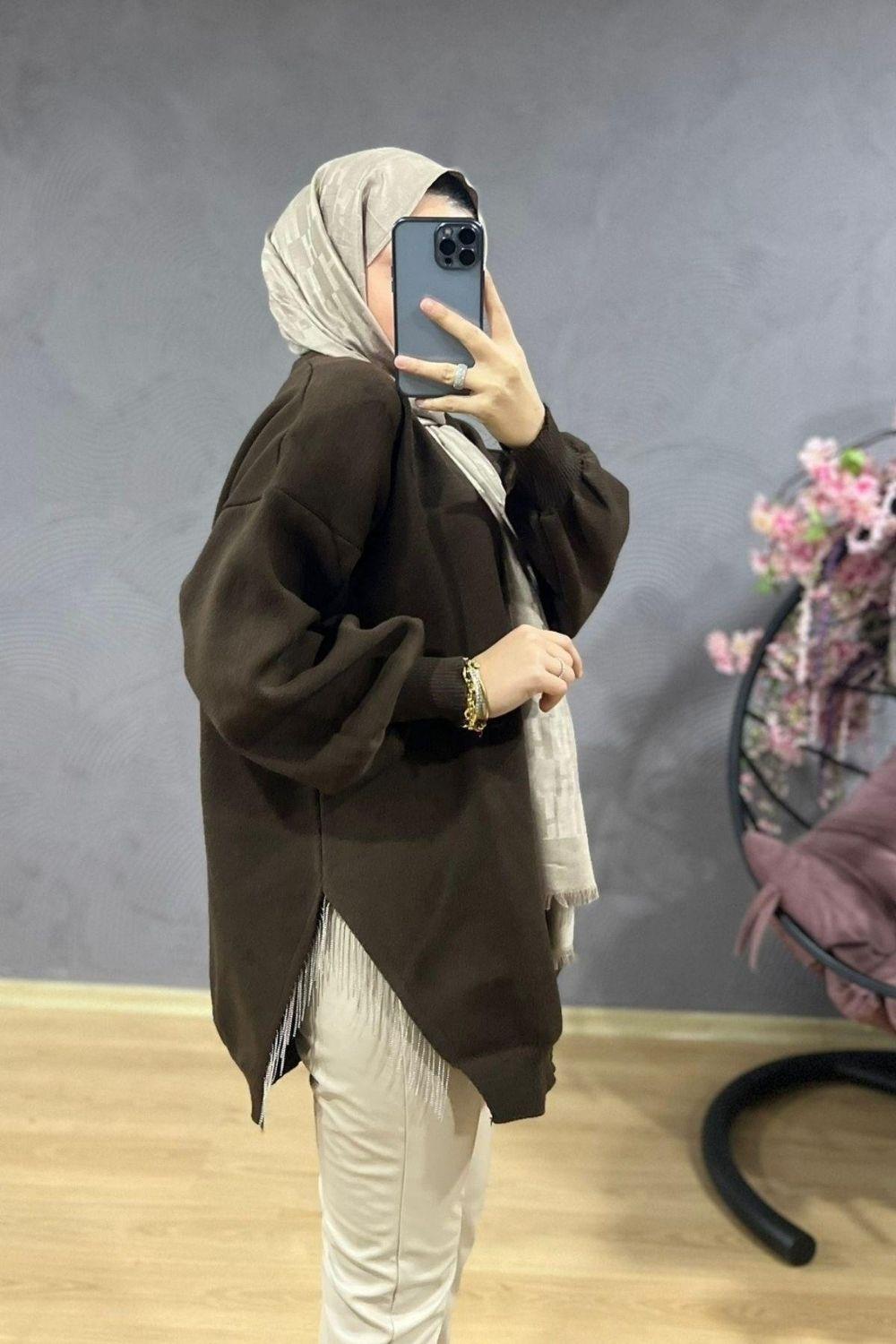 Yarı Zincirli Triko Tunik Kahverengi 22170 