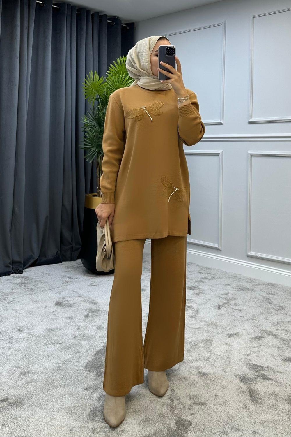 Yusufçuk Desenli Triko Takım Camel 2292 