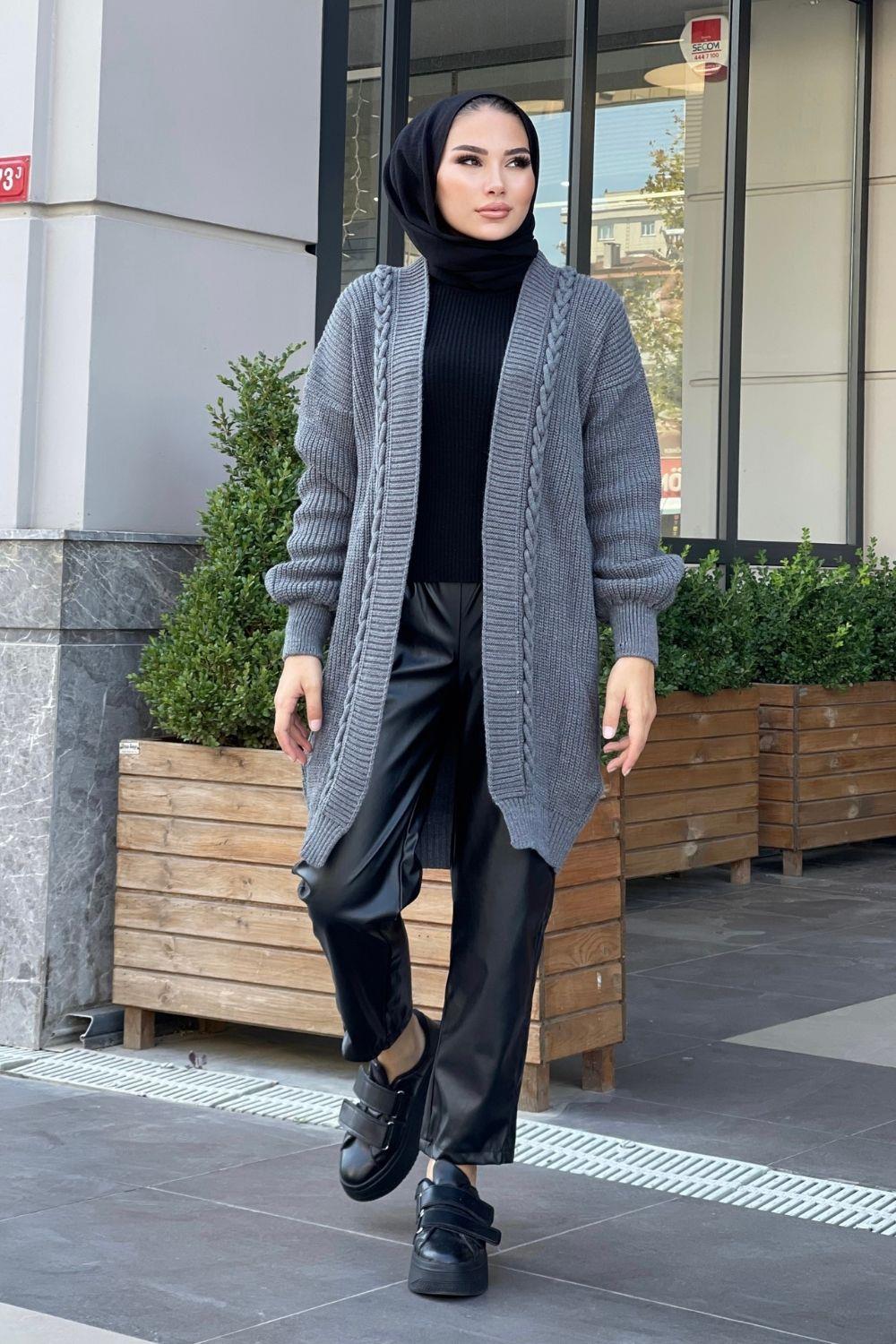 Saç Örgülü Uzun Hırka Füme 230400 