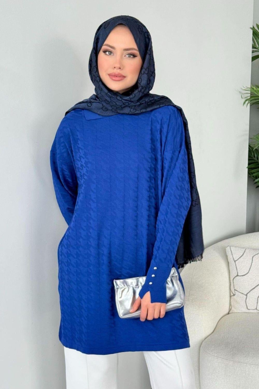 Kaz Ayağı Desenli Merserize Tunik Saks 231490 