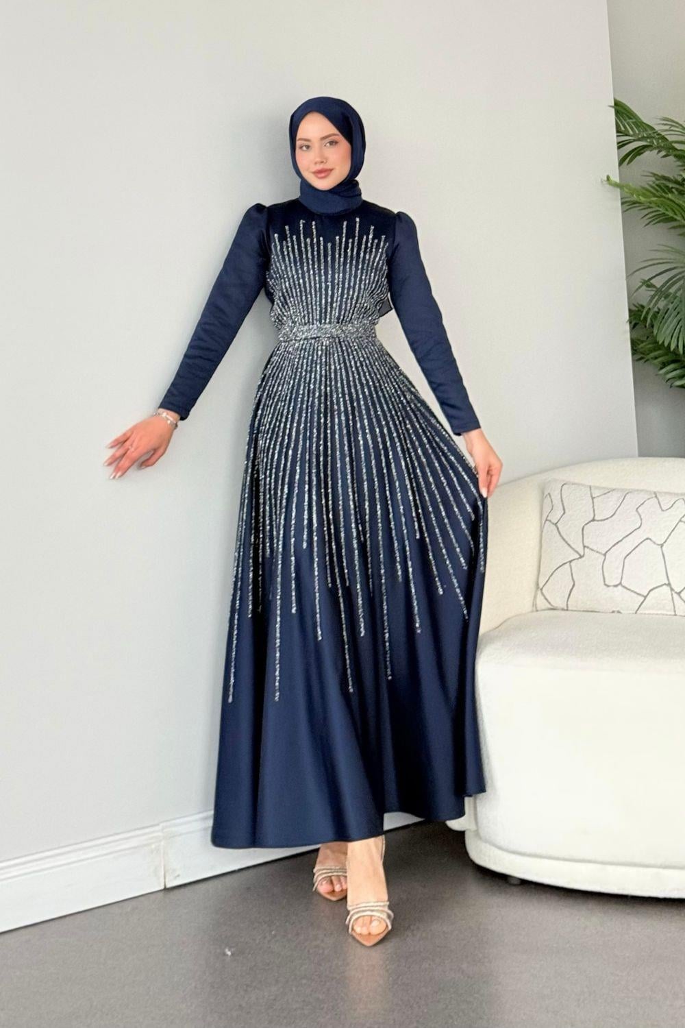Fuull Taşlı Abiye Lacivert 2348 