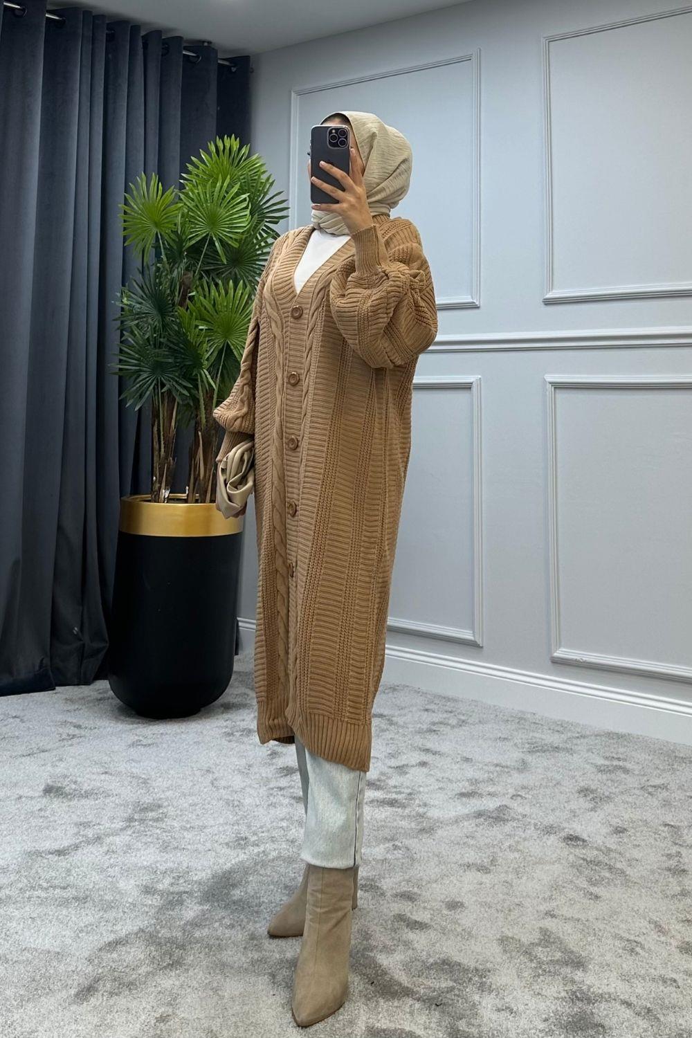 Saç Örgülü Uzun Hırka Camel 2388 