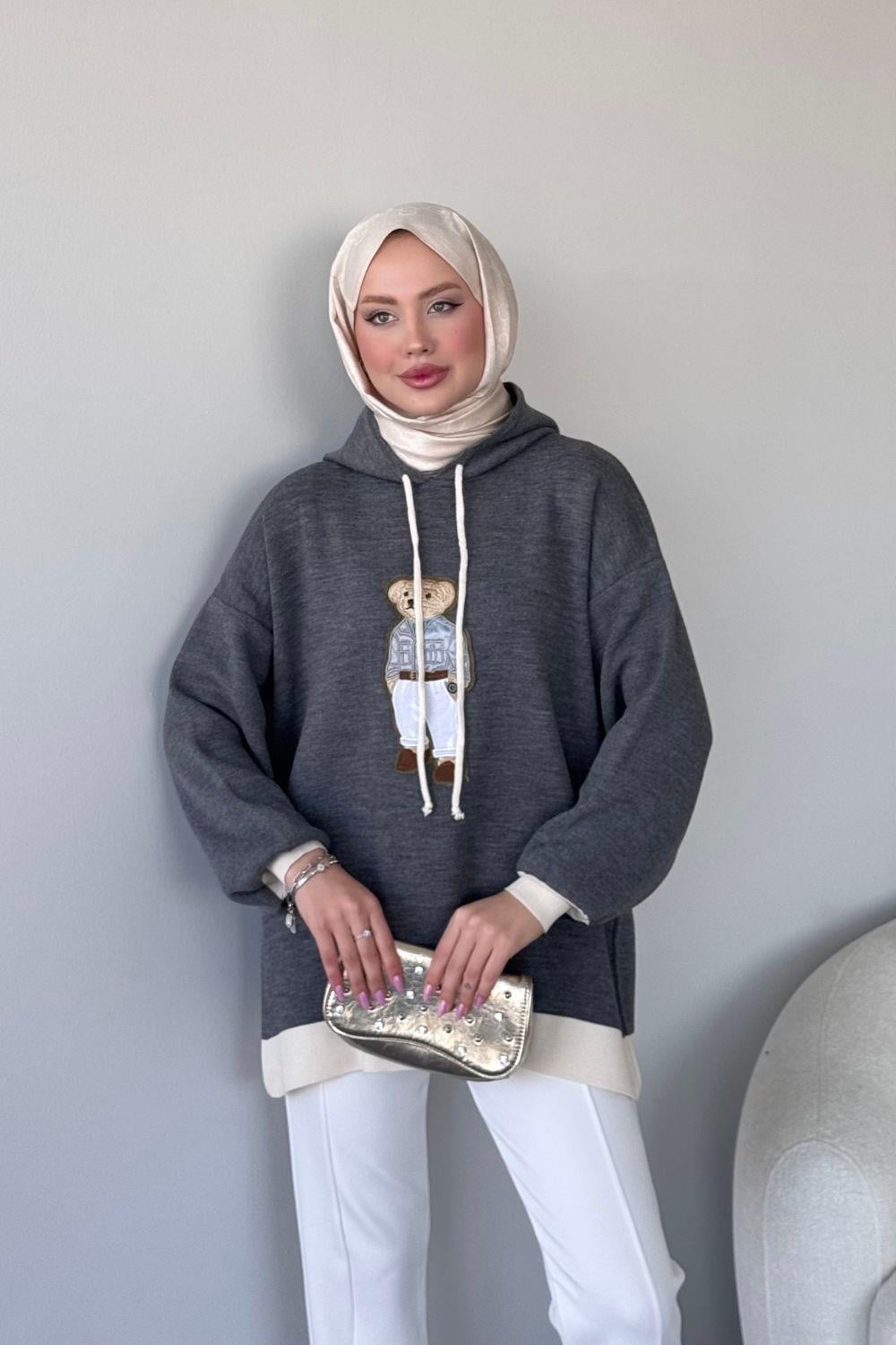 Kapşonlu Ayıcıklı Sweat Antrasit 241230 