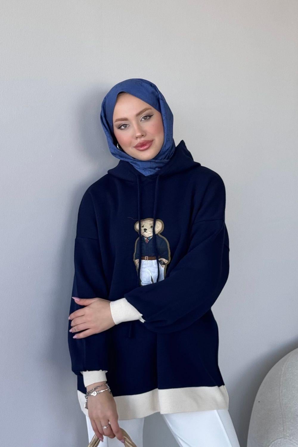 Kapşonlu Ayıcıklı Sweat Koyu Lacivert 241230 