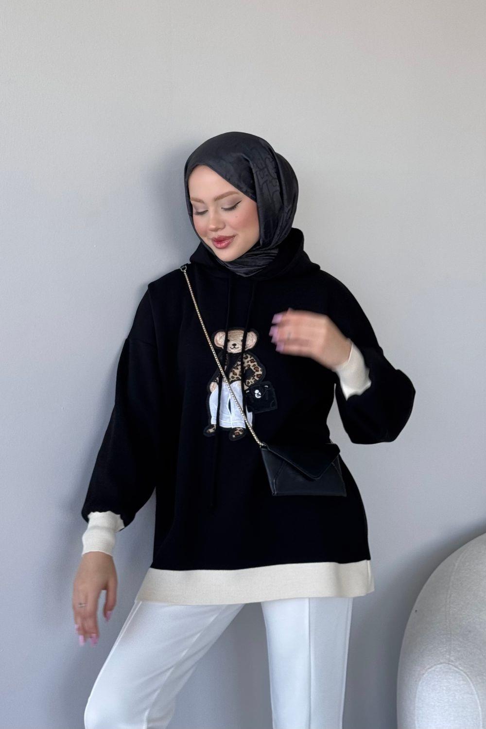 Kapşonlu Ayıcıklı Sweat Koyu Siyah 241230 