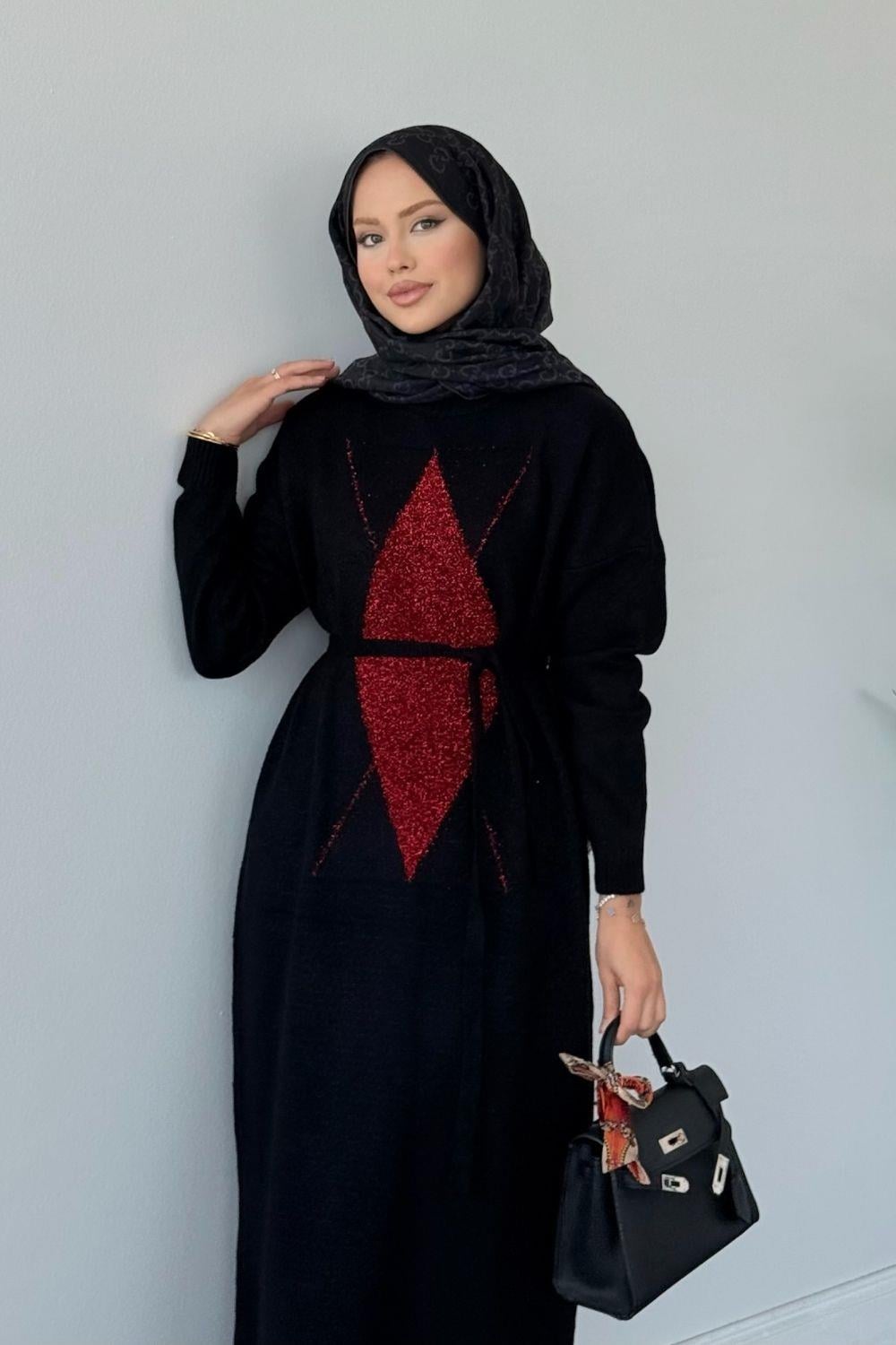 Simli Yumoş Baklava Desen Elbise Siyah 241480 