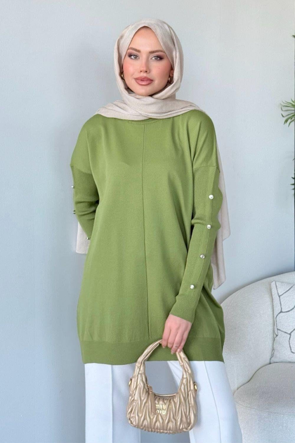Kol Düğmeli Tunik Yağ Yeşili 24280 