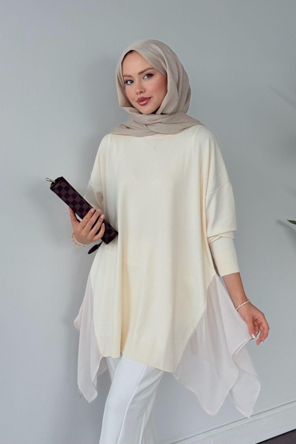 Merserize Yan Şifon Tunik Krem 24290 