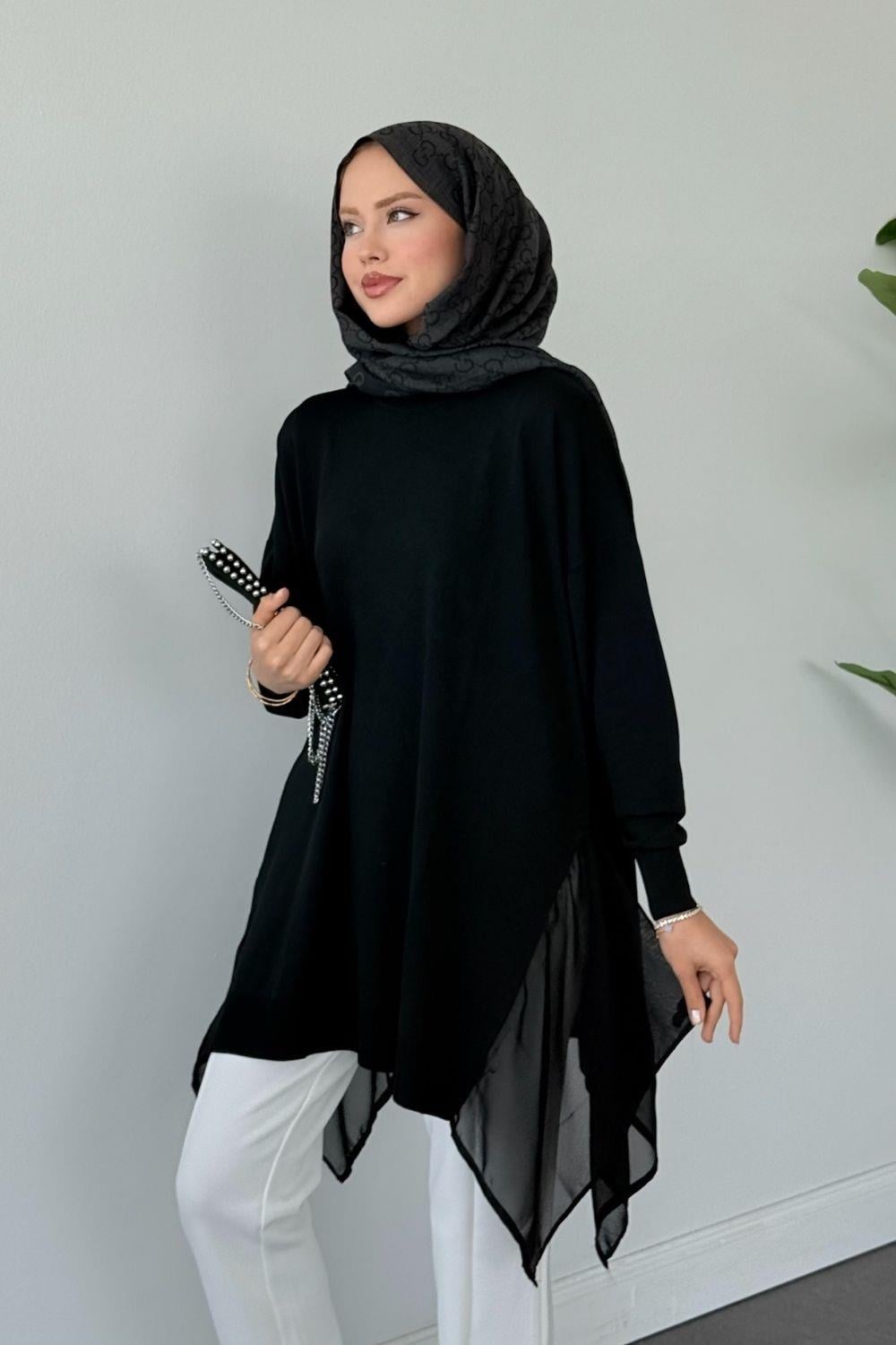 Merserize Yan Şifon Tunik Siyah 24290 