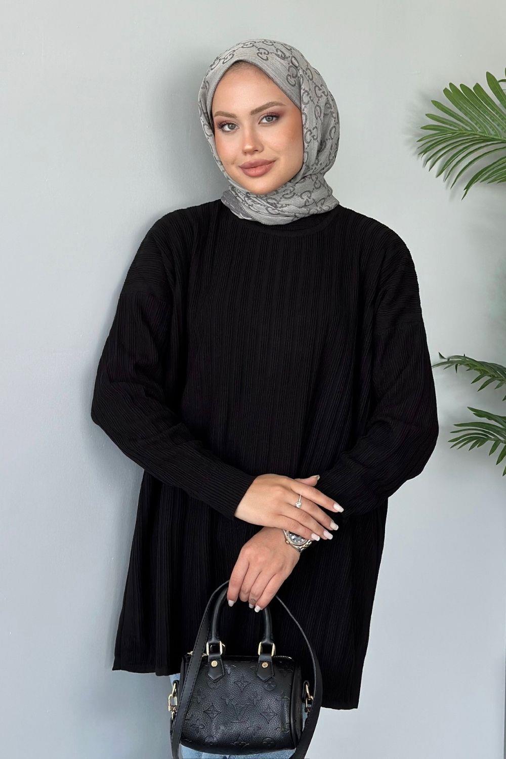 Fitilli Çizgili Triko Tunik Siyah 24620 