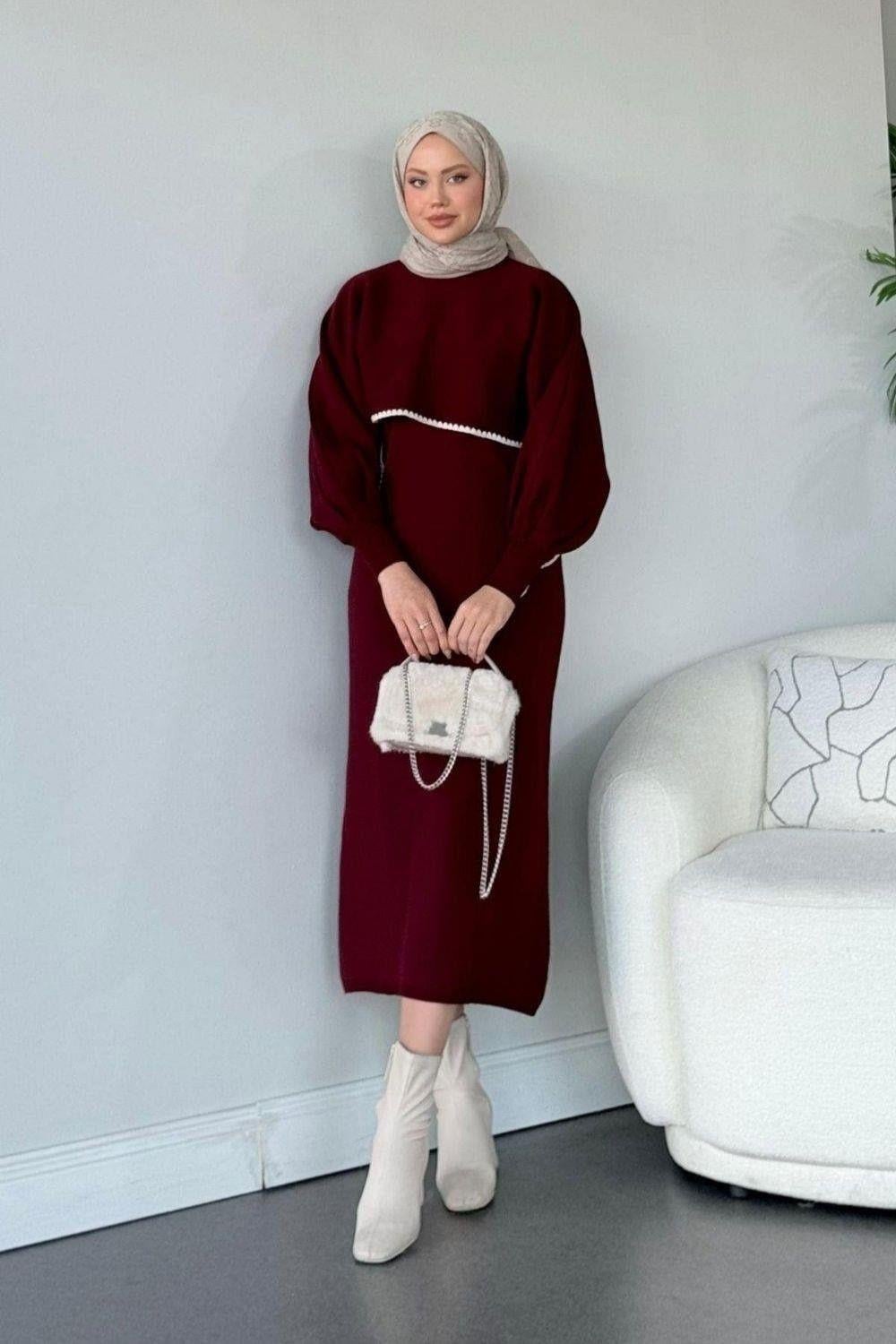 Crop Görünümlü Triko Elbise Bordo 24680 