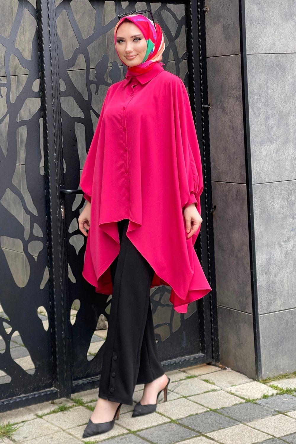 Manşeti Büzgülü Yarasa Kol Tunik Pembe 2469 