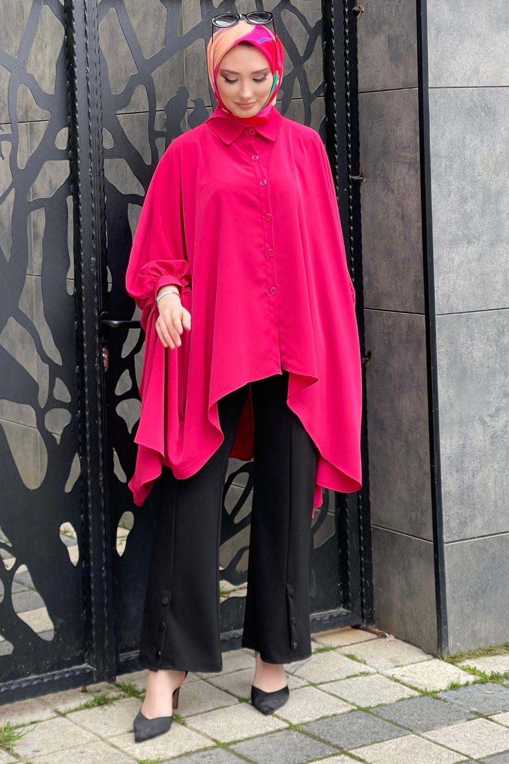 Manşeti Büzgülü Yarasa Kol Tunik Pembe 2469 