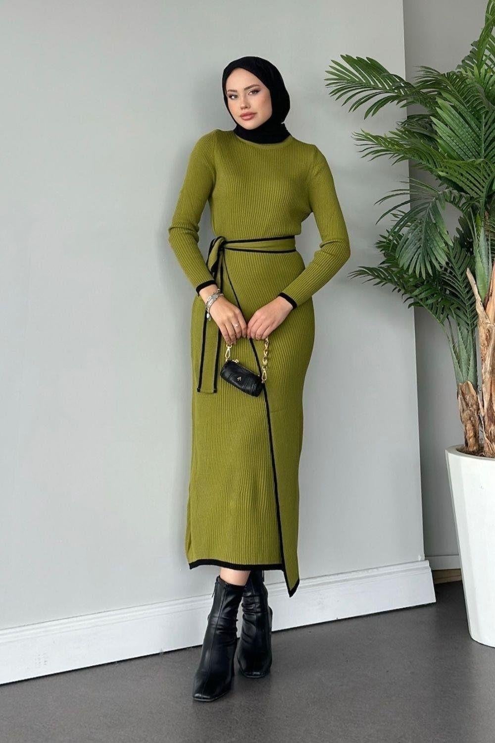 Valent  Bağlamalı  Triko Elbise Yağ Yeşili 24890 