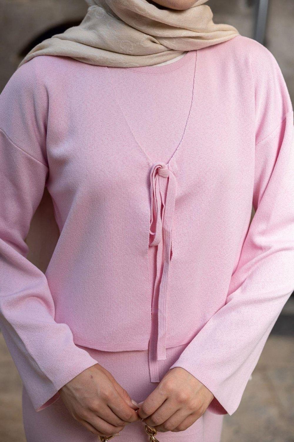 Kuğu Croplu Triko Elbise Pembe 25160 