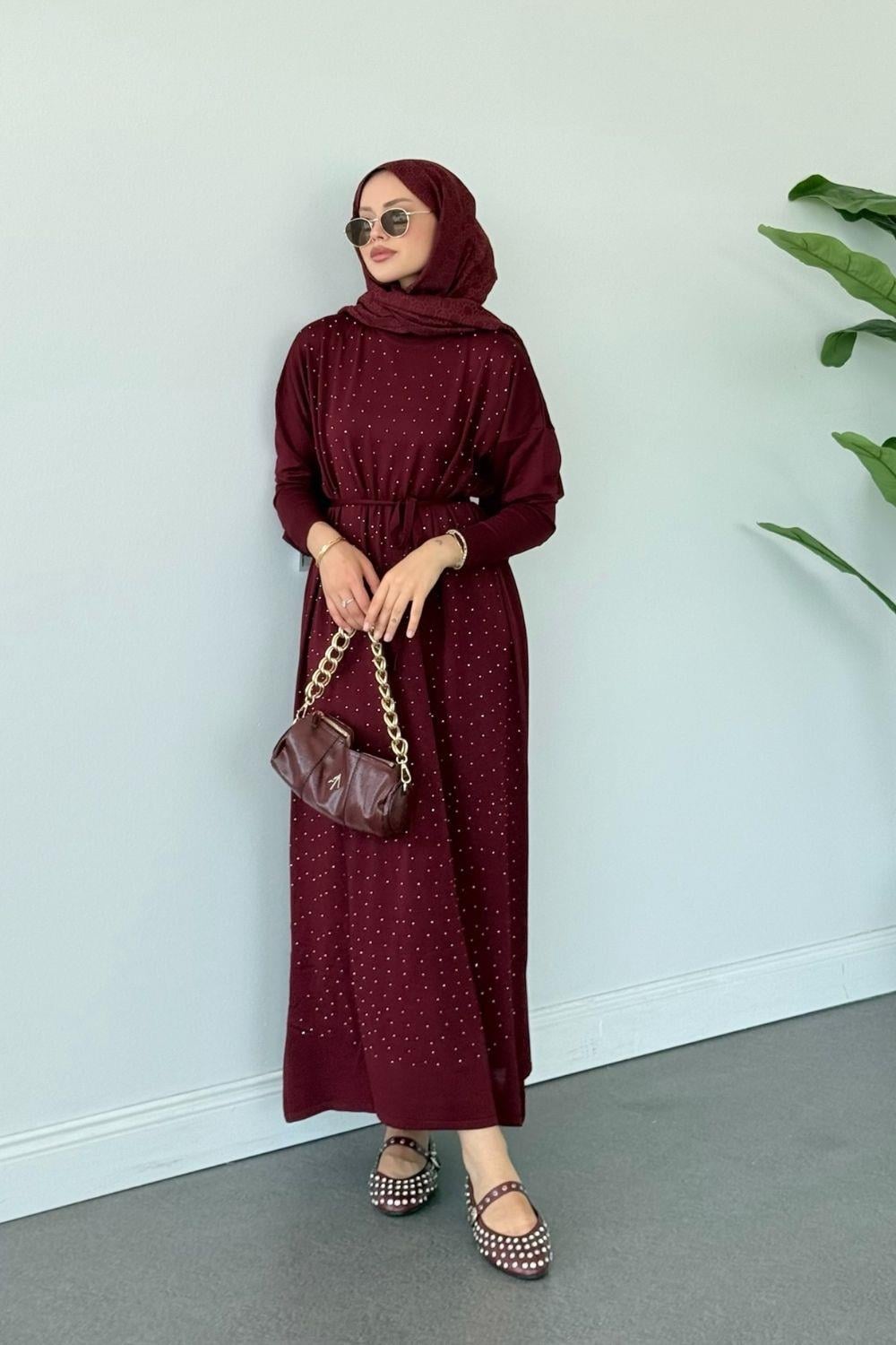 Merserize Taşlı Elbise Bordo 25270 