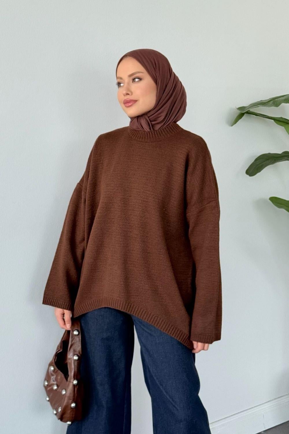 Sezin Ön Oval Kol Salaş Tunik Kahverengi 2530 