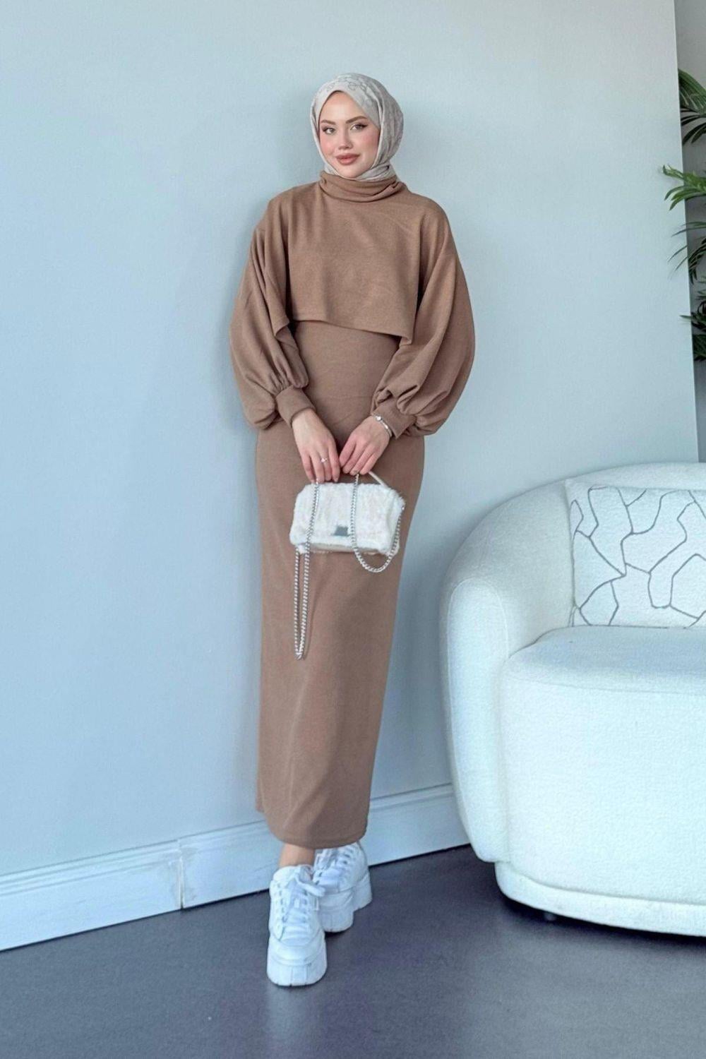 Ferda Boğazlı Triko Elbise Camel 2533 