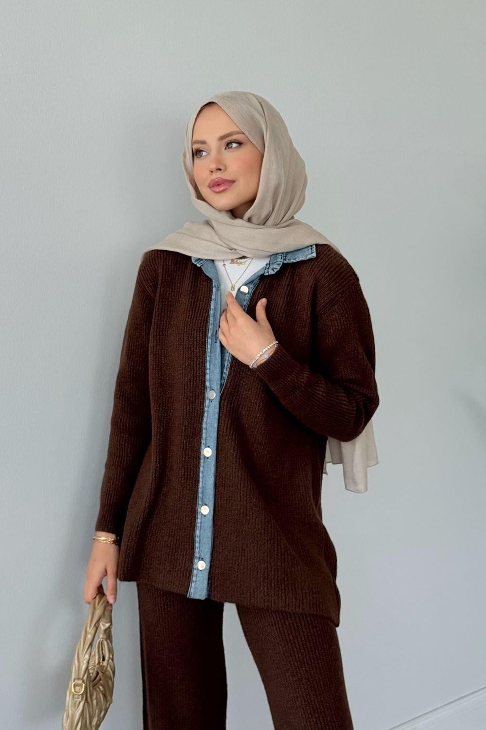 Medusa Yumoş Kot Detaylı Takım Kahverengi 25380 