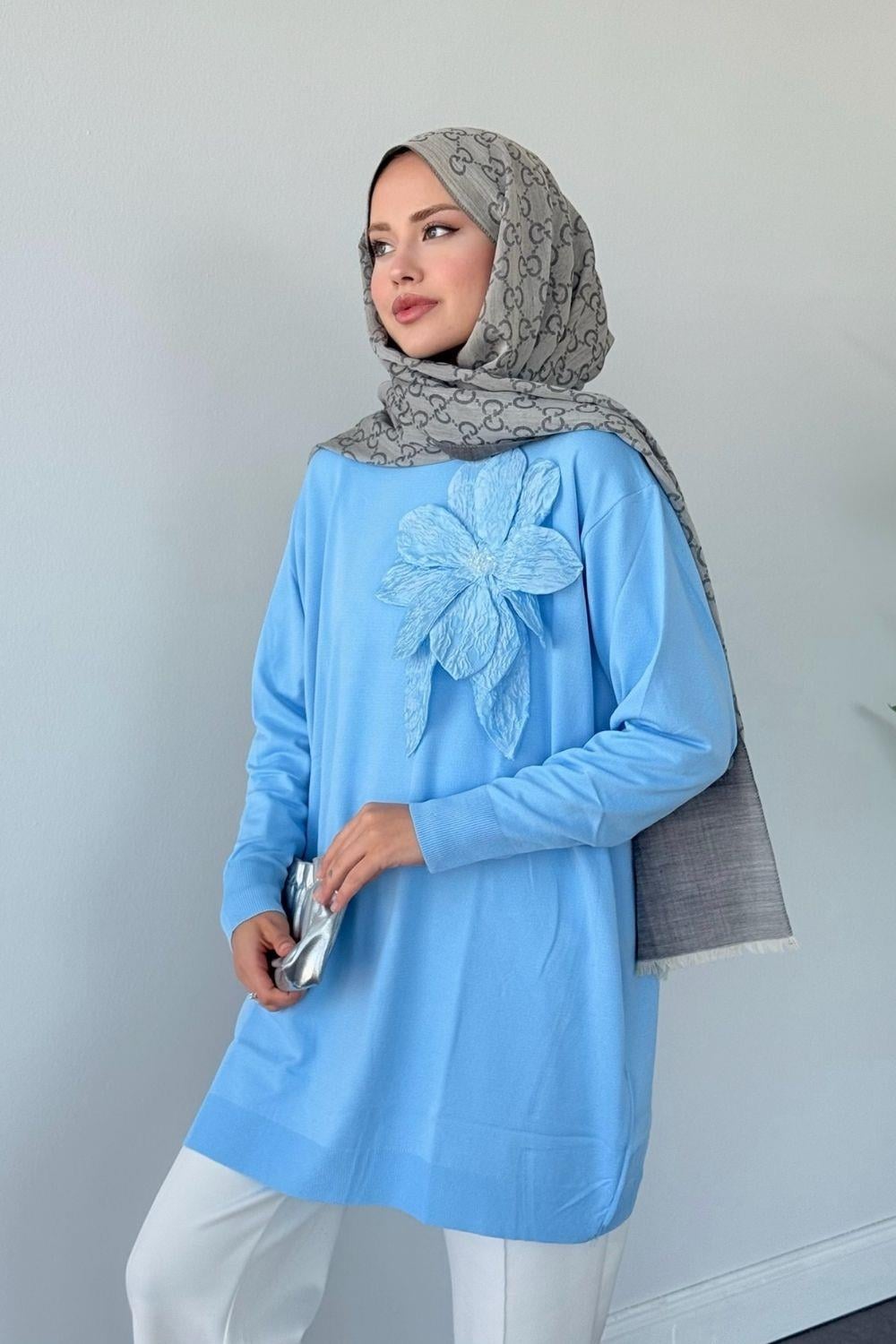 Merserize Çiçekli Tunik Mavi 2550 