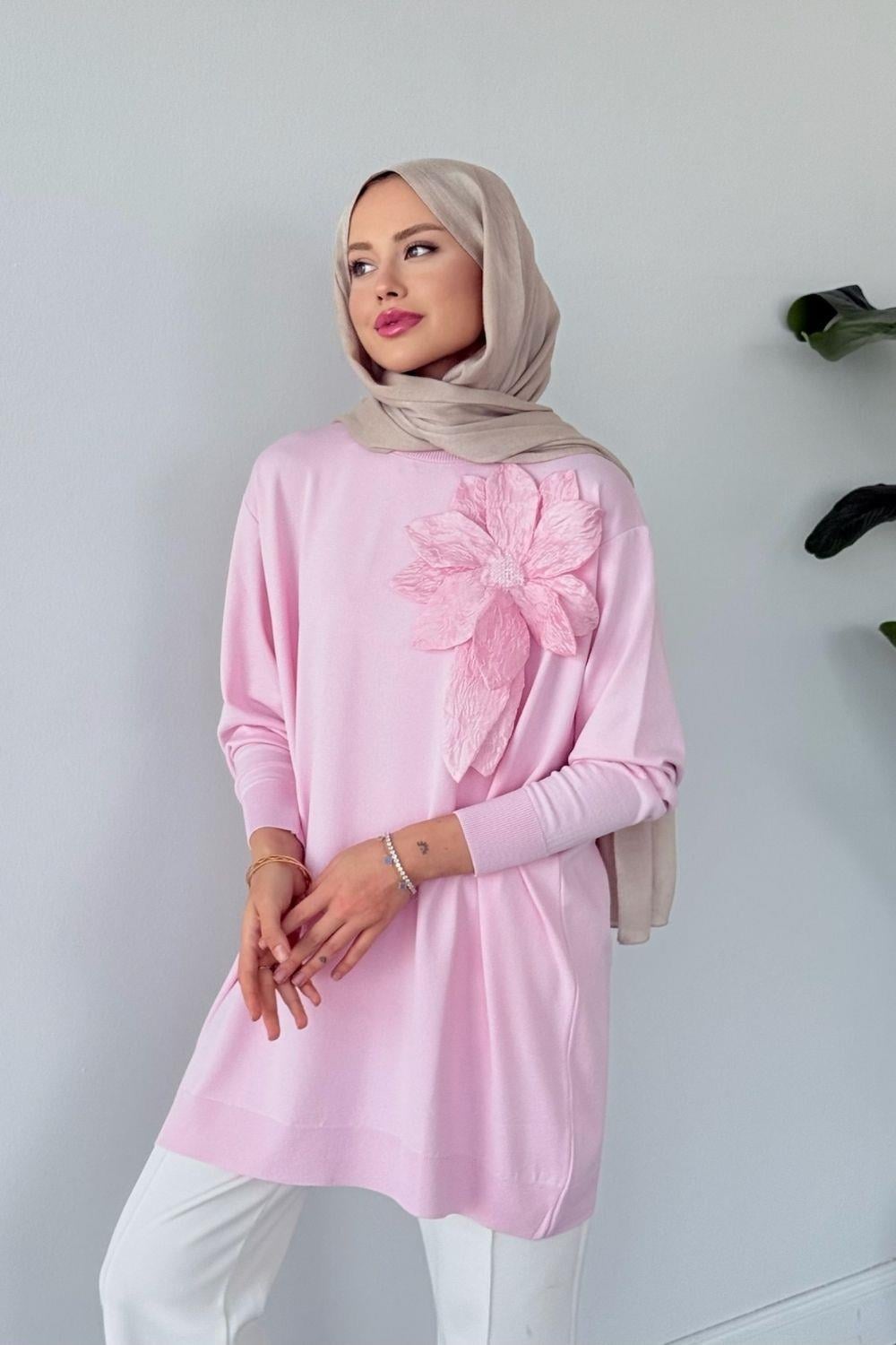 Merserize Çiçekli Tunik Pudra 2550 
