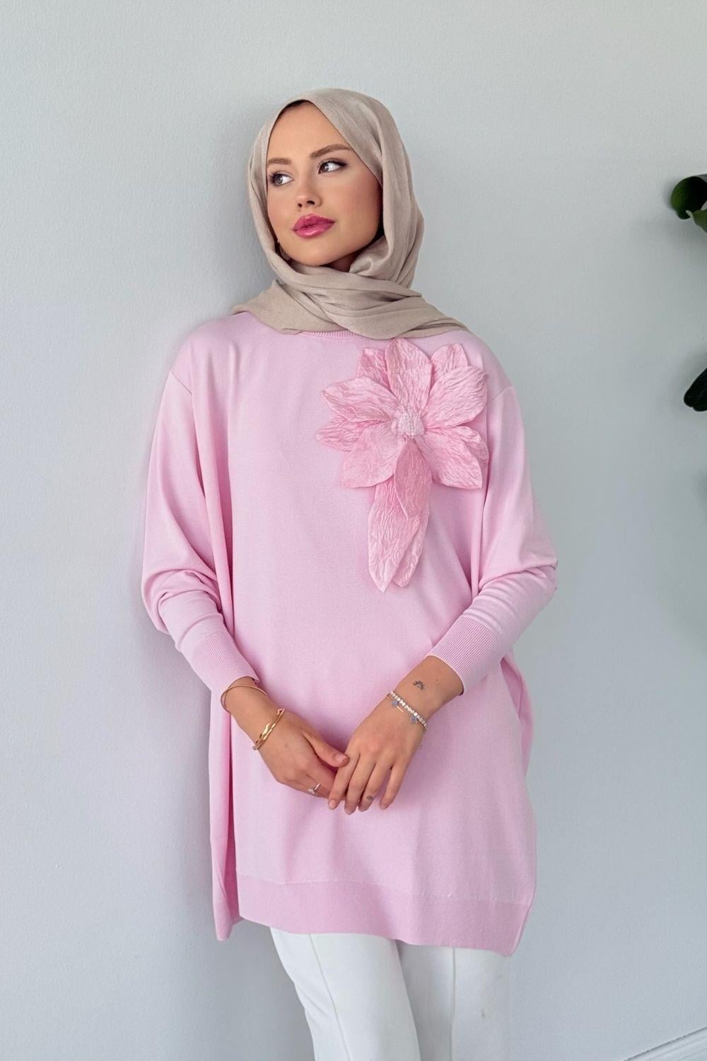 Merserize Çiçekli Tunik Pudra 2550 