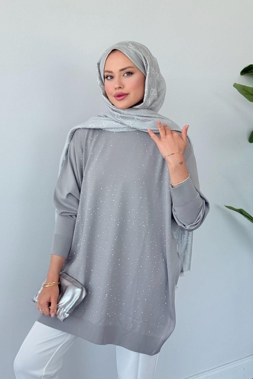 Merserize Taşlı Tunik Gri 2570 