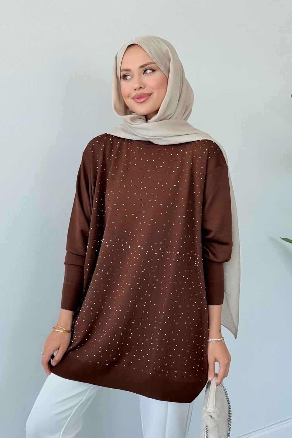 Merserize Taşlı Tunik Kahverengi 2570 