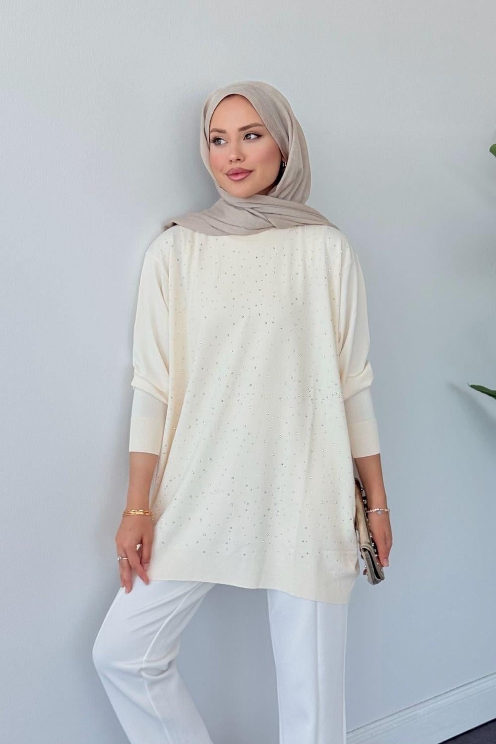 Merserize Taşlı Tunik Krem 2570 