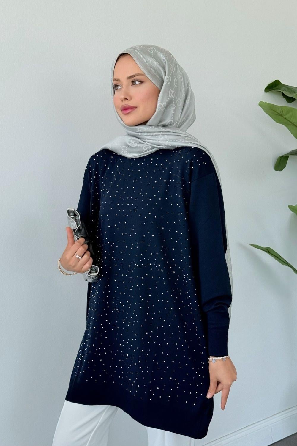 Merserize Taşlı Tunik Lacivert 2570 
